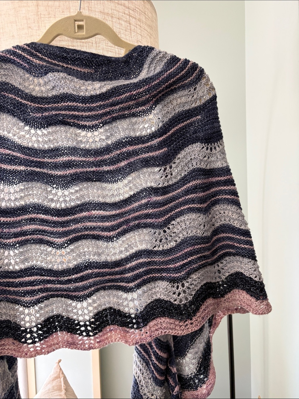 Striped Lace Hand Knit Scarf Wrap in Navy, Gray & Blush, Natural Hand Dyed Wool